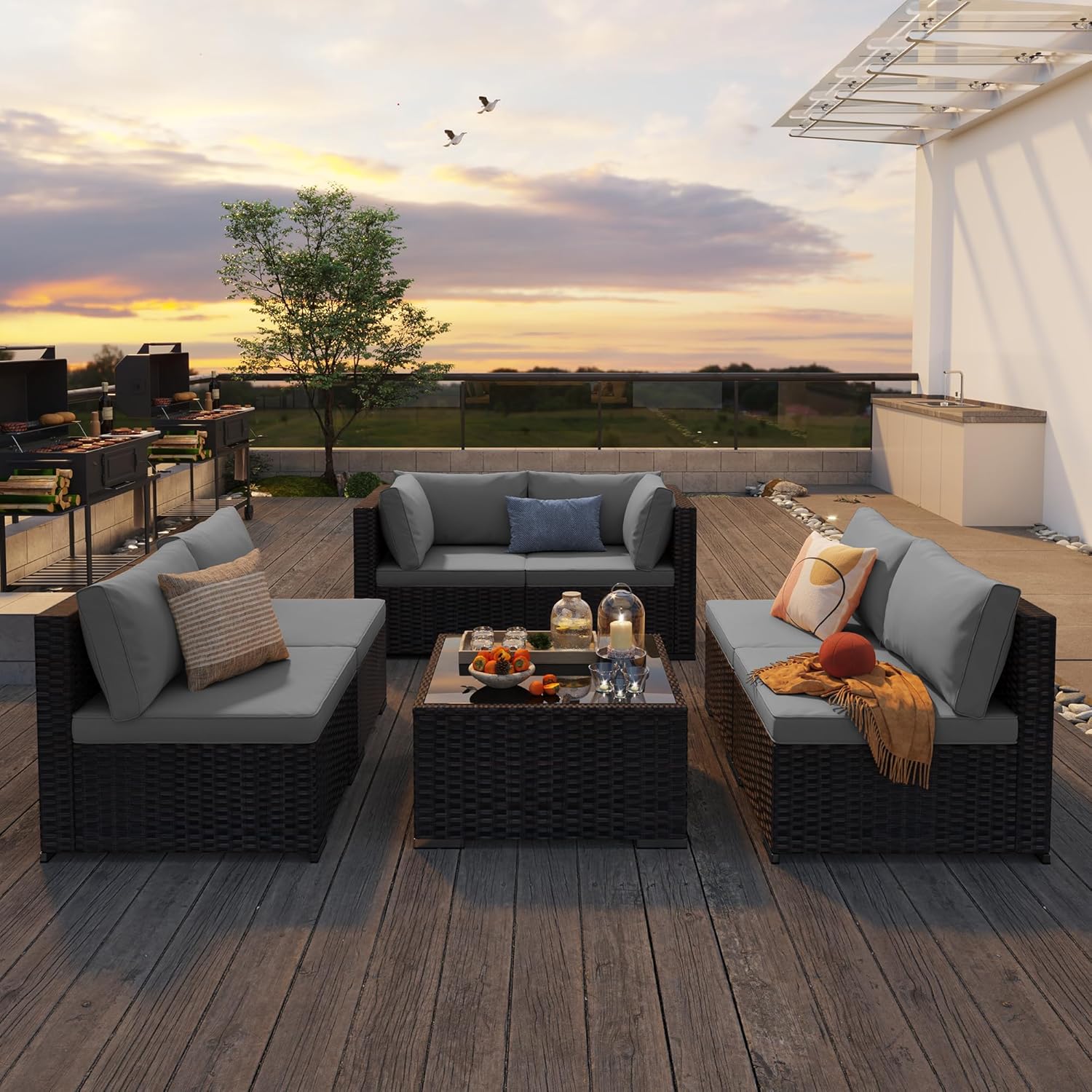 Qsun 7 Pieces Outdoor Patio Furniture Set, PE Rattan Outdoor Wicker Sectional Furniture Sofa Set, with Cushions and Glass Coffee Table, for Balcony, Porch, Garden, Grey - Image 9