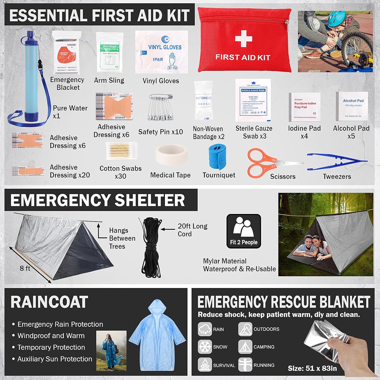 Survival Kit, Survival Gear and Equipment 258 PCS with Water Filter, Emergency Tent, LED Lantern, First Aid Kit Supplies, 25L Backpack for Family, Outdoor Camping, Hiking Gifts for Men Christmas - Image 7