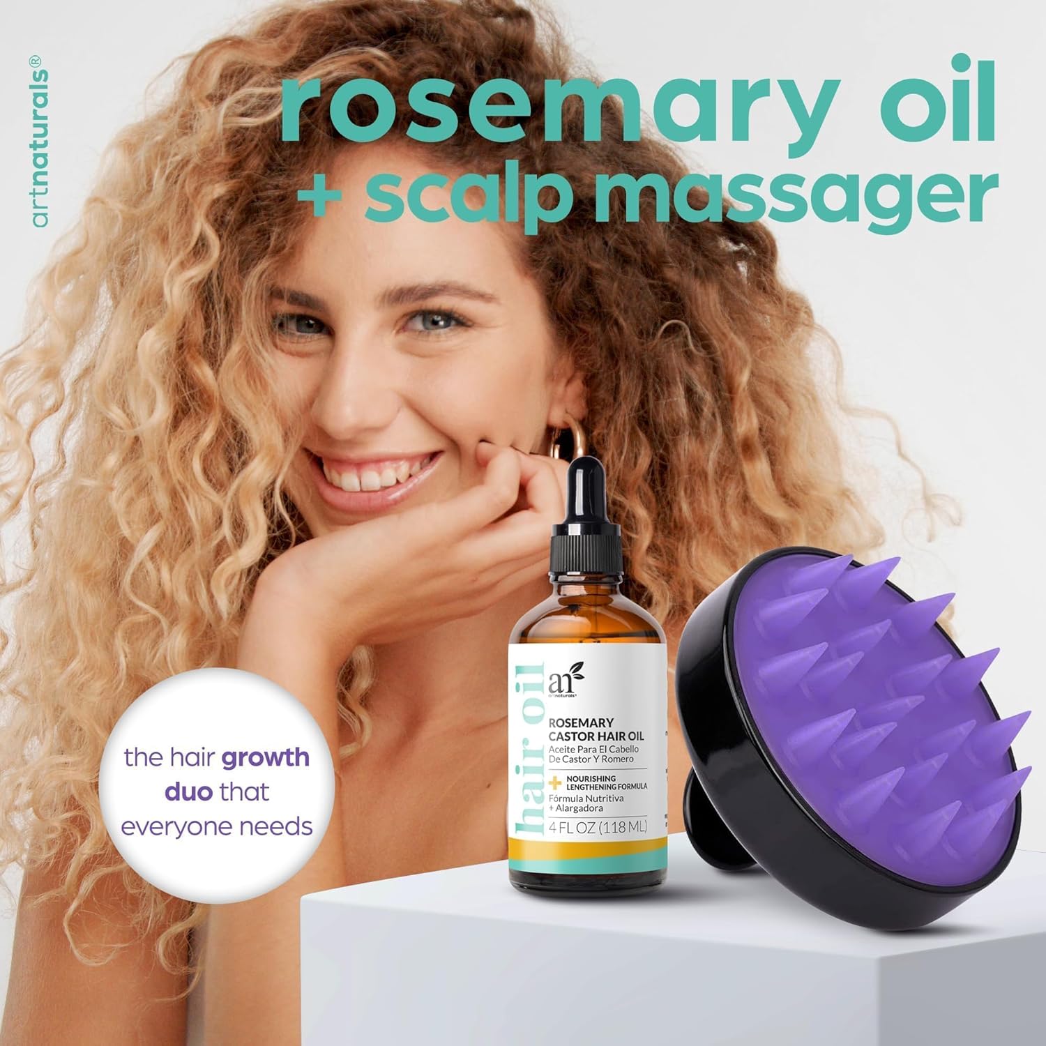 Artnaturals Organic Rosemary Castor Hair Oil + Massager Hair Growth Set Hair Growth Oil 4 ounces with Coconut & Olive Oil for Dry, Damaged & Split End - Image 2