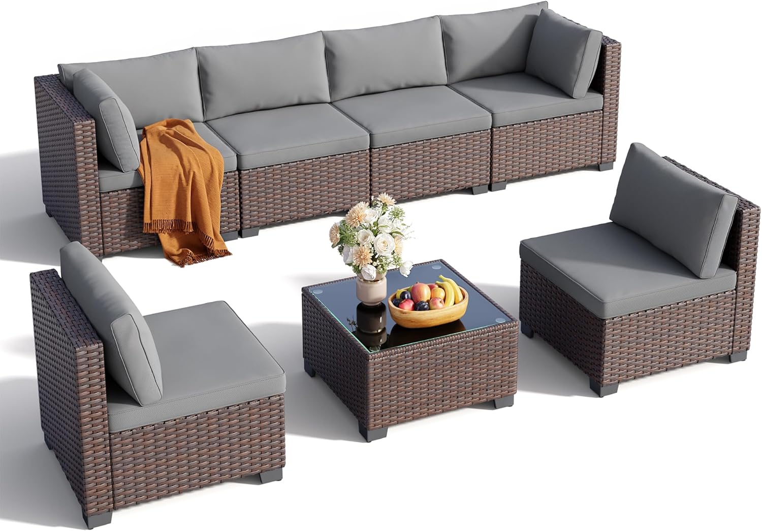Qsun 7 Pieces Outdoor Patio Furniture Set, PE Rattan Outdoor Wicker Sectional Furniture Sofa Set, with Cushions and Glass Coffee Table, for Balcony, Porch, Garden, Grey - Image 3