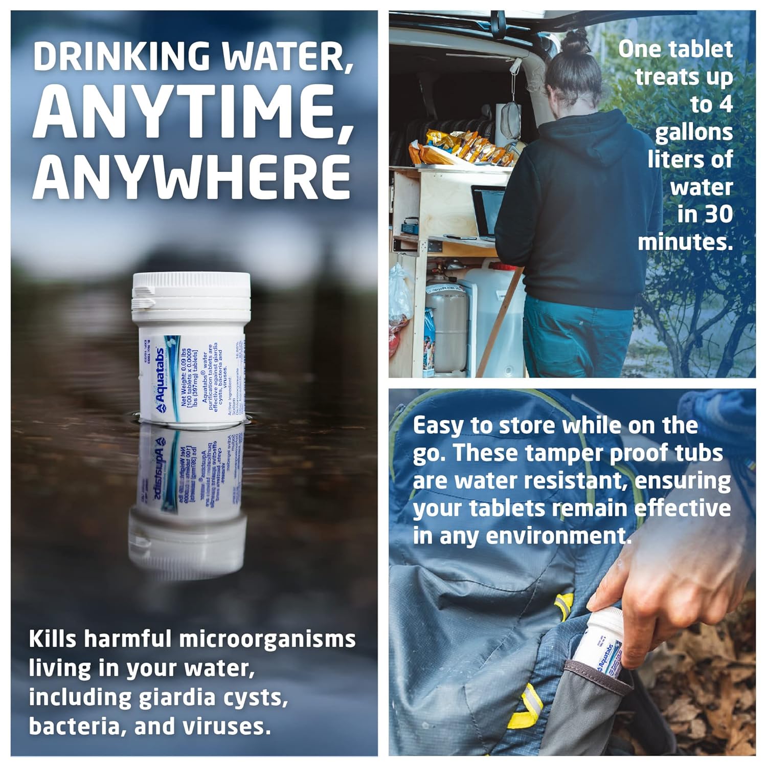 Aquatabs Water Purification Tablets (397mg, 100 Pack). Water Filtration System for Camping, Boating, Emergency Water, Survival Kit, and Marine. Easy-to-Use Water Purifier Treatment. - Image 2