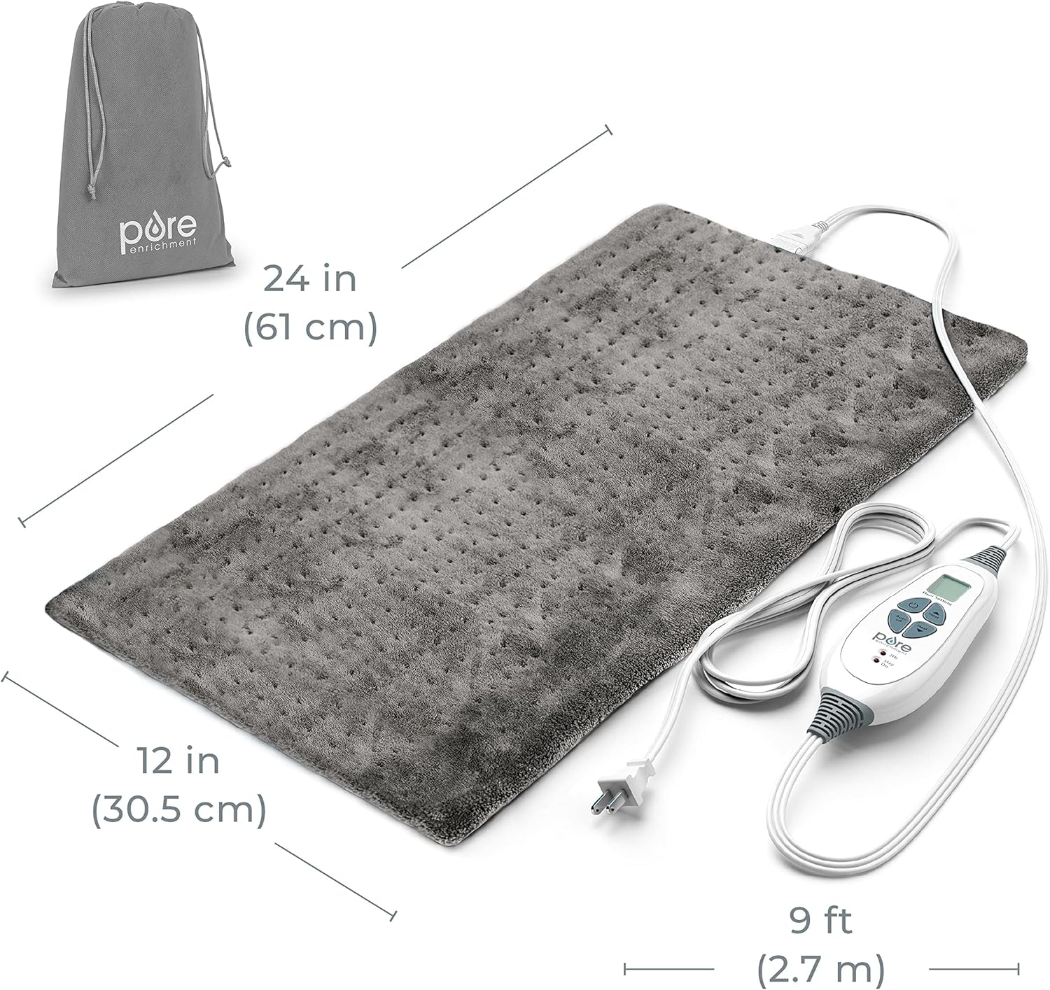 Pure Enrichment® PureRelief® XL Heating Pad - 12" x 24" Electric Heating Pad for Back Pain & Cramps, 6 Heat Settings, Soft Machine Wash Fabric, Auto-Off & Moist Heat (Charcoal Gray) - Image 7