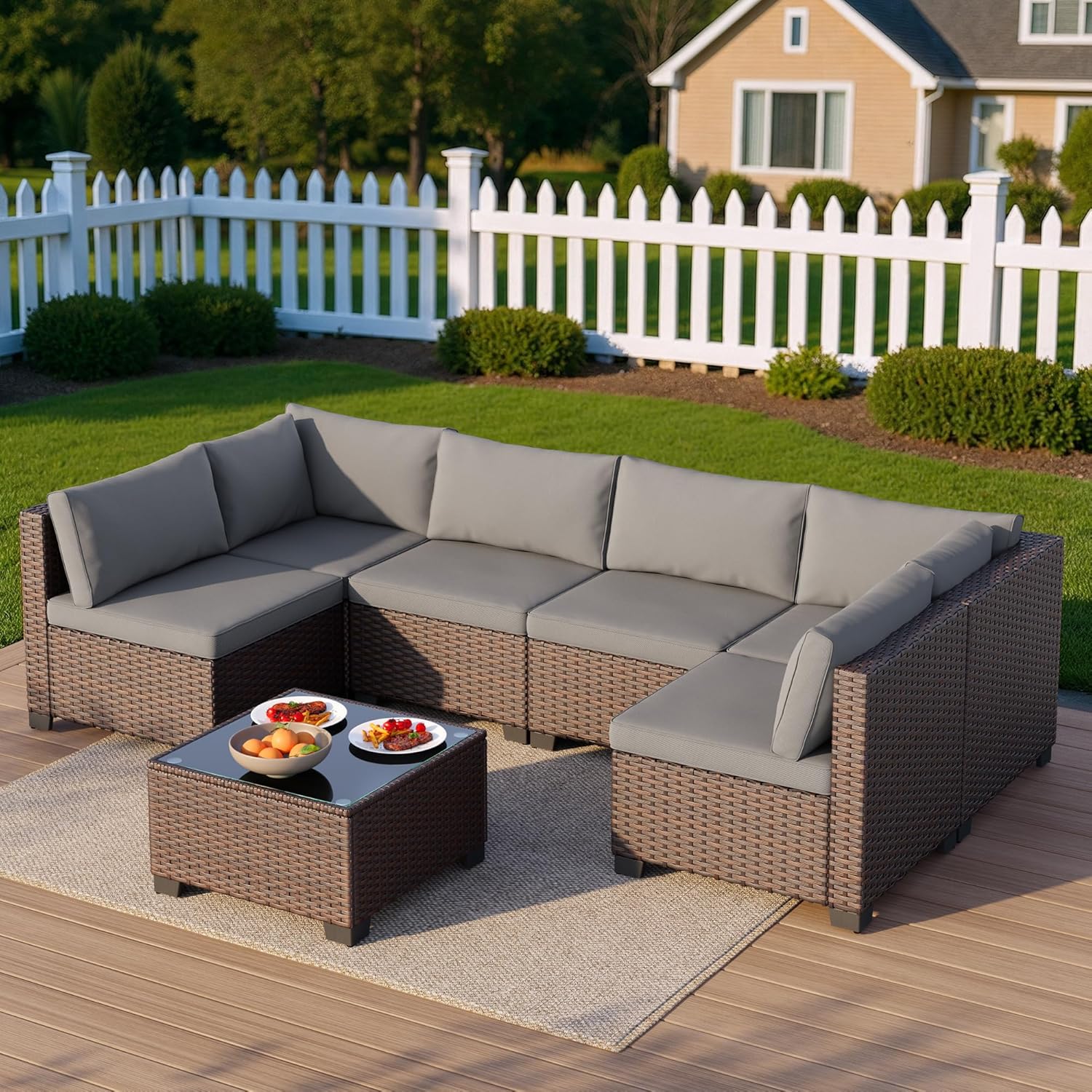 Qsun 7 Pieces Outdoor Patio Furniture Set, PE Rattan Outdoor Wicker Sectional Furniture Sofa Set, with Cushions and Glass Coffee Table, for Balcony, Porch, Garden, Grey - Image 4