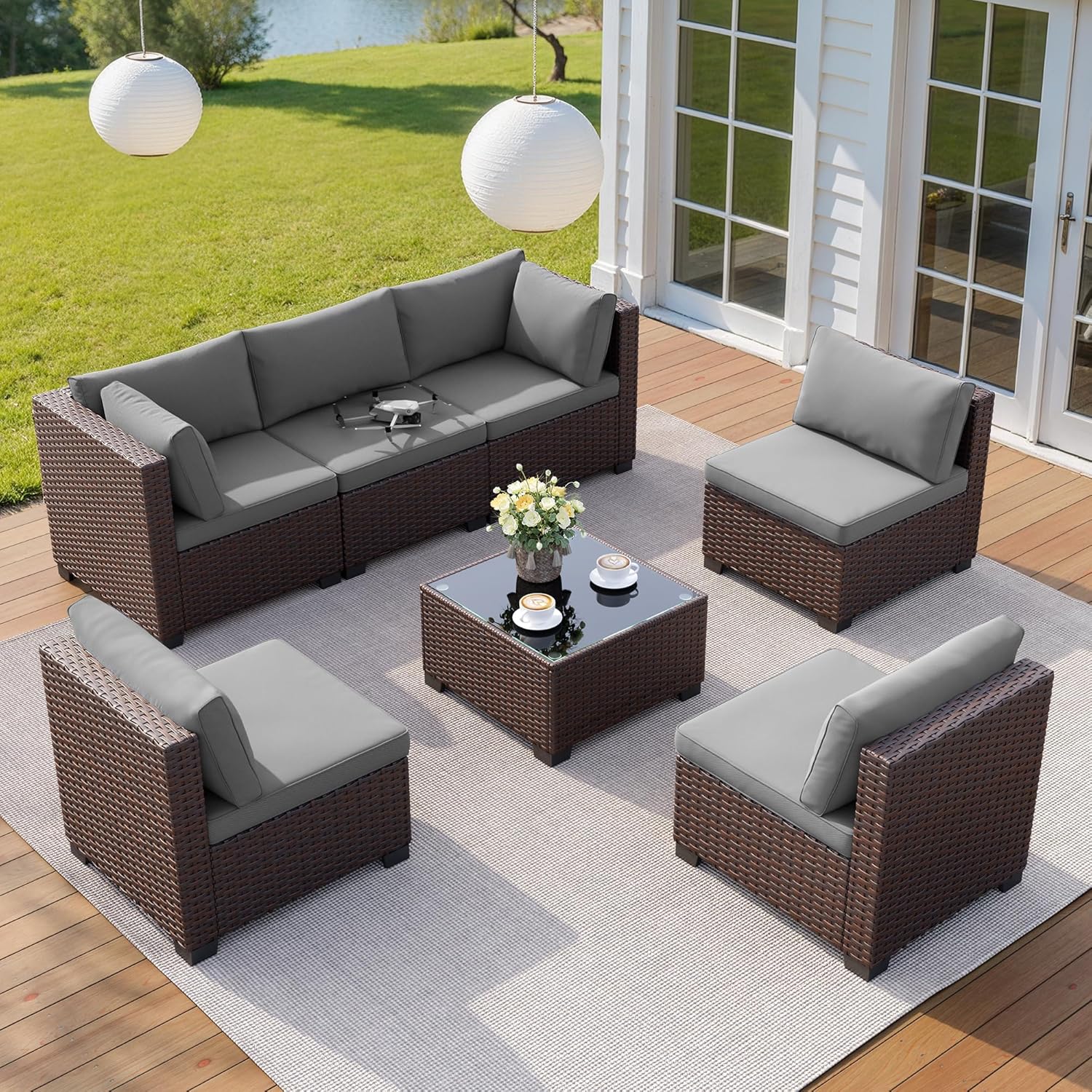Qsun 7 Pieces Outdoor Patio Furniture Set, PE Rattan Outdoor Wicker Sectional Furniture Sofa Set, with Cushions and Glass Coffee Table, for Balcony, Porch, Garden, Grey - Image 6