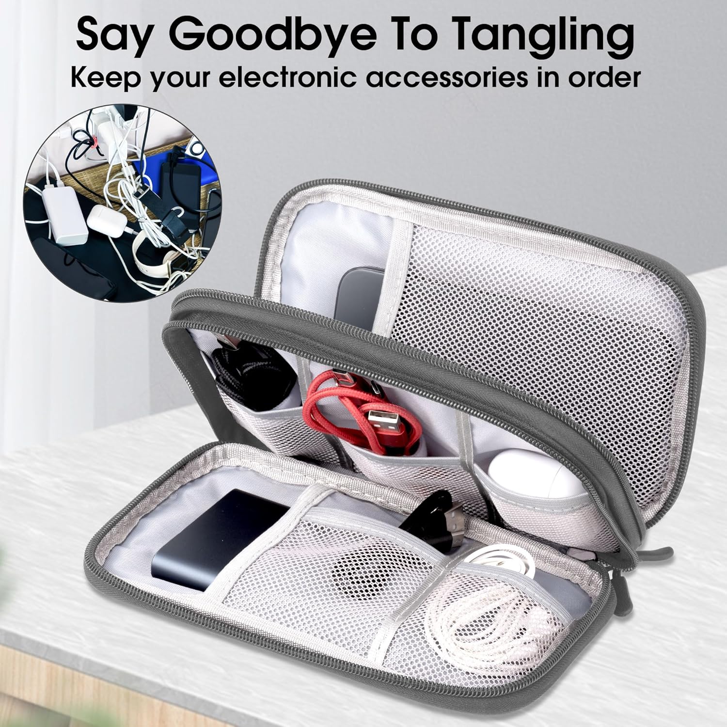 Travel essentials Electronic Cable Organizer Pouch Accessories Carry Case Portable Waterproof Double Layers multifunctional Storage Bag for Cord, Charger, Earphone, Dary Gray, M - Image 5