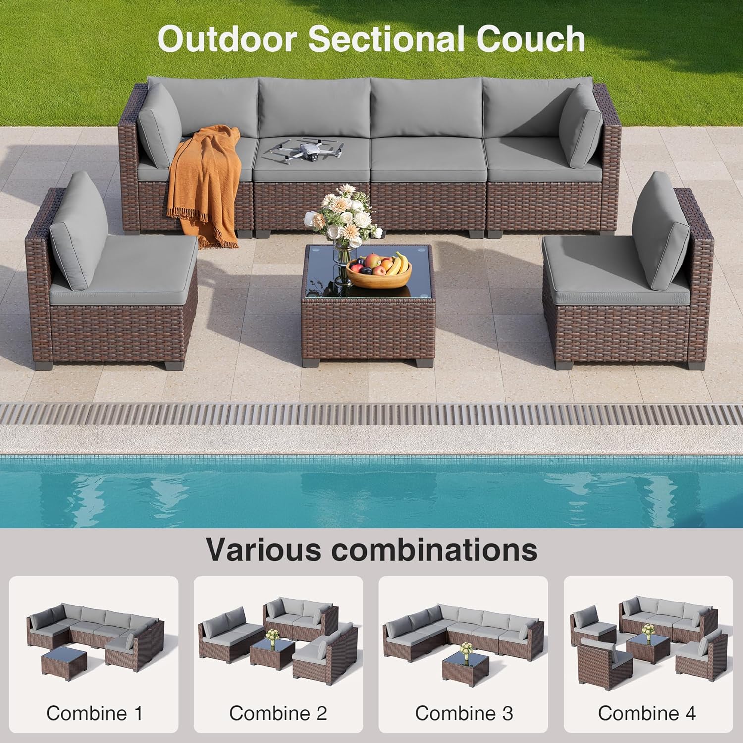 Qsun 7 Pieces Outdoor Patio Furniture Set, PE Rattan Outdoor Wicker Sectional Furniture Sofa Set, with Cushions and Glass Coffee Table, for Balcony, Porch, Garden, Grey - Image 5