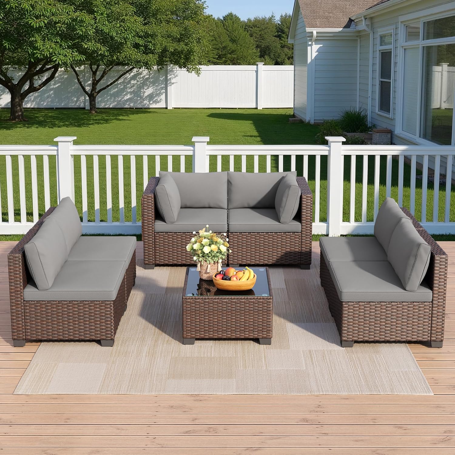 Qsun 7 Pieces Outdoor Patio Furniture Set, PE Rattan Outdoor Wicker Sectional Furniture Sofa Set, with Cushions and Glass Coffee Table, for Balcony, Porch, Garden, Grey - Image 8